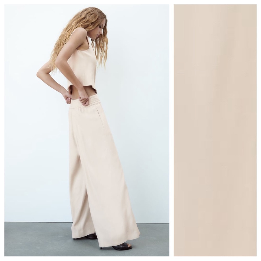 NWT. Zara Beige Viscose Wide-Leg Flowing High-Waist Trousers. Size L. - Picture 4 of 11